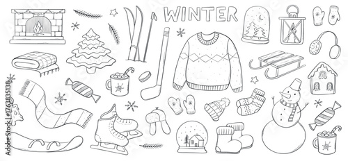 Winter and Christmas monochrome doodles collection for stickers, prints, coloring pages, scrapbooking, cards, banners, etc. EPS 10