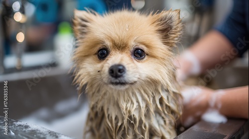 A trained groomer gently bathes the dog prior to grooming helping the young spitz puppy acclimate to the process and stay calm around water