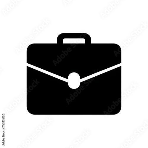 A simple black and white graphic illustration of a briefcase with a handle and a clasp closure