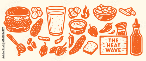 Spicy Food. Heat Wave. A vintage orange vector icon set in a woodcut style of hot and spicy food for a restaurant menu, a food festival poster, or a hot sauce brand's packaging.
