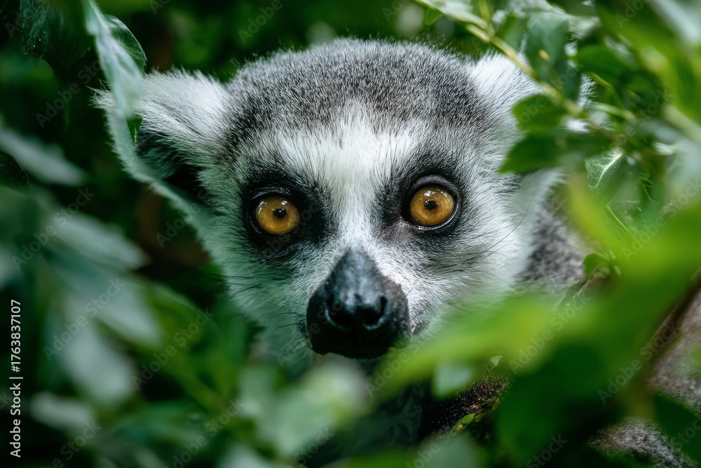 Obraz premium Curious Lemur Peering Through Green Foliage in a Natural Setting During Daylight Hours