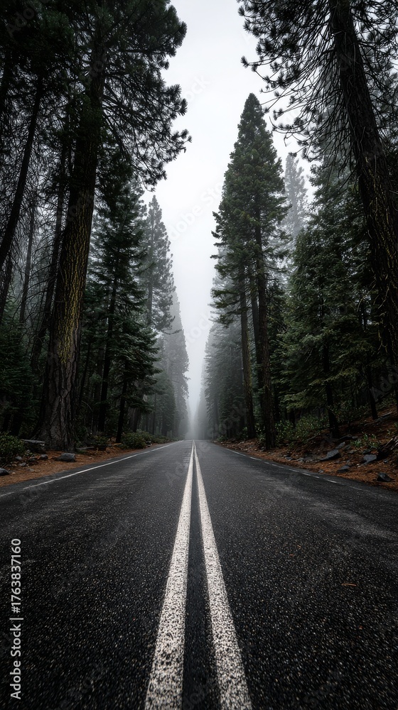 Fototapeta premium Moody Road Through Tall Trees in a Misty Forest During Early Morning
