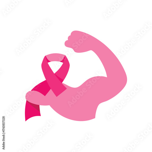 Strong pink ribbon flexing arm symbolizing breast cancer awareness strength and support