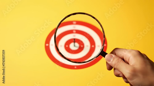 Hand Holding Magnifying Glass Over Red and White Target on Yellow Background Aiming for Precision Accuracy and Goal Achievement Strategic Business Concepts