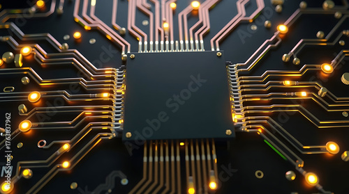 Futuristic Microchip with Glowing Golden Circuit Lines on Black Board