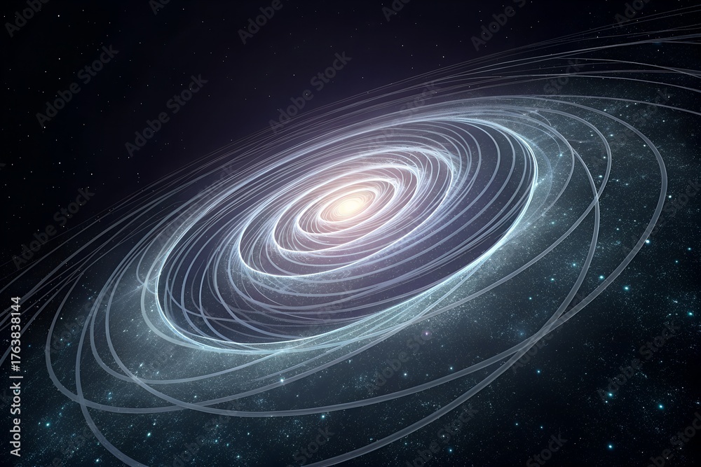 Fototapeta premium A celestial model of a star system with intricate, luminous orbital rings, illustrating the gravitational harmony and structure of the cosmos. Generative Ai.