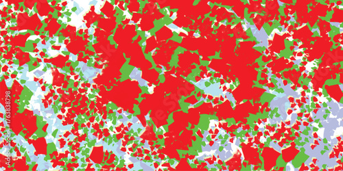Vibrant abstract mosaic of irregular red, green, and light blue shapes scattered across a white background creating a chaotic yet colorful artistic composition