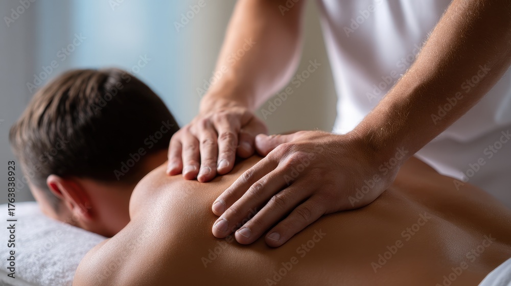 Fototapeta premium A massage therapist is applying elbow pressure for deep tissue relief on a client s back in a tranquil wellness spa