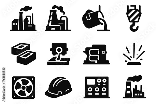 Industrial icons set: factories, machinery, and safety equipment in silhouette style
