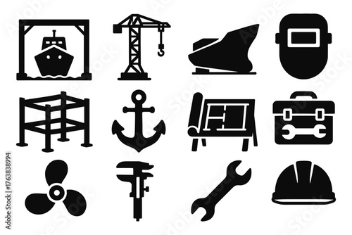 Industrial and construction icons set in black silhouette style