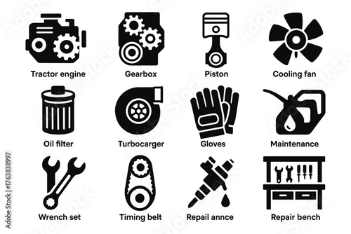 Automotive part icons: engine, gearbox, piston, and more for maintenance