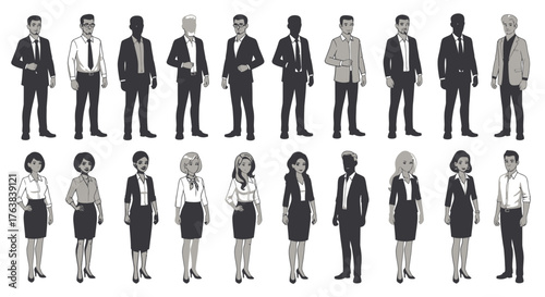 A diverse collection of business people characters, featuring men and women in professional attire, shown as both full illustrations and simple silhouettes