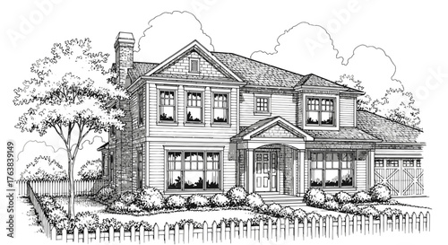 Detailed Architectural Rendering of a Suburban House with Garden