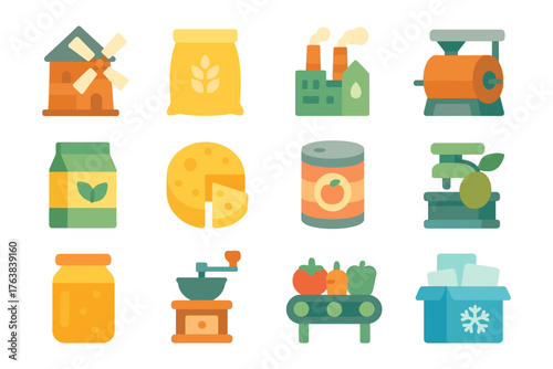 Colorful flat icons representing agriculture and food processing industries