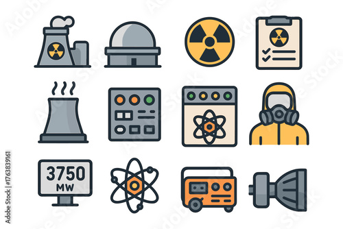 Nuclear energy icons set featuring power plant, radiation symbol, and safety gear