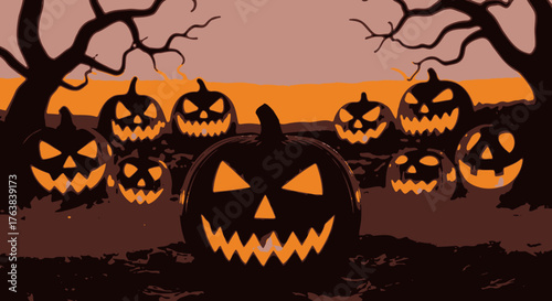 Spooky Halloween Jack-o'-lanterns Illuminated in a Dark, Eerie Forest Scene