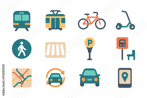 Urban mobility icons set featuring transportation and navigation symbols
