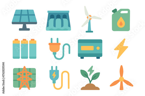 Renewable energy icons collection featuring solar, wind, and hydroelectric power in flat design