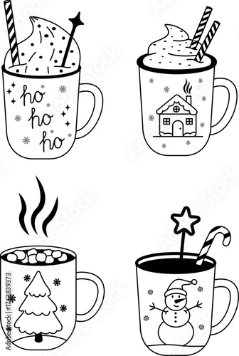 Christmas set of hot drinks in beautiful mugs. A hand-drawn Christmas sketch. Festive cocoa with marshmallows, a cup of hot chocolate or winter coffee. Vector illustration.