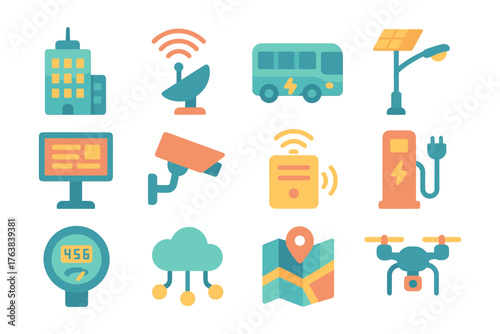 Modern flat icons of smart city technology and infrastructure