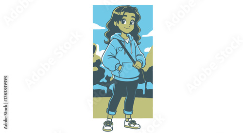 Vibrant illustration of a cheerful young woman with long dark hair, wearing a stylish blue hoodie and messenger bag, embodying a modern and carefree student lifestyle