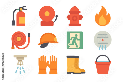 Essential fire safety equipment icons for workplace and home in flat design