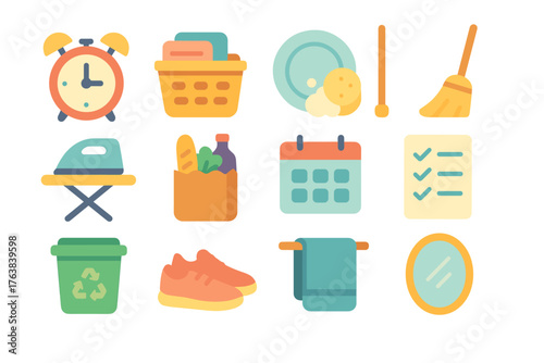 Household and chore icons collection featuring cleaning, shopping, and organizing elements