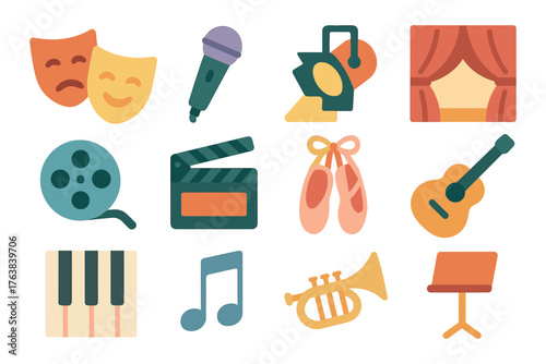 Flat design icon set of performing arts and entertainment symbols