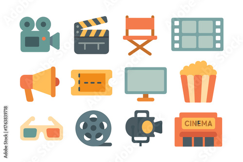 Flat style cinema icons set featuring camera, popcorn, and projector elements