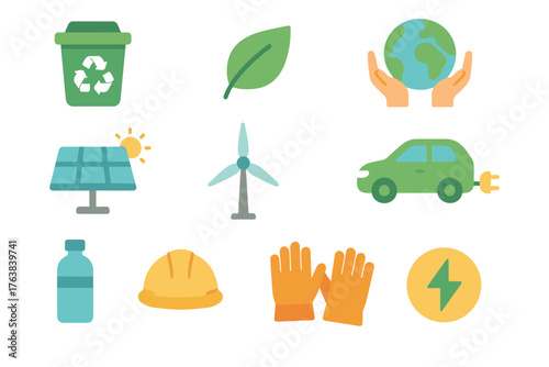 Eco-friendly icons set featuring renewable energy and sustainability elements