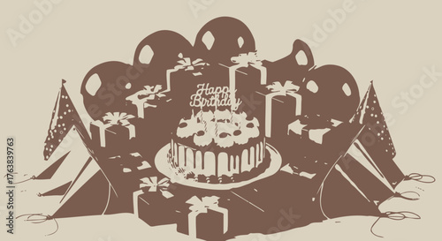 Festive Birthday Celebration with Cake, Balloons, and Gifts - A Joyful Occasion