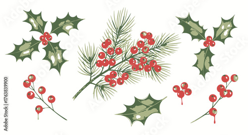 Festive Botanical Elements Holly Berries, Pine Branches, and Christmas Cheer Vector Illustration