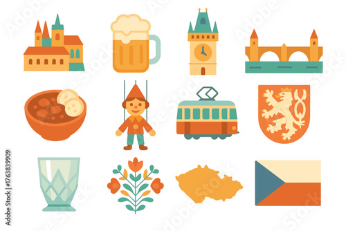 Czech republic icons: castles, cuisine, culture, and landmarks in colorful flat design