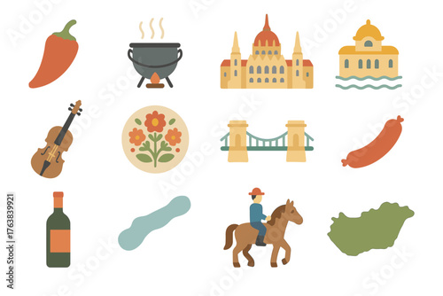 Hungarian symbols collection: culinary delights, architectural landmarks, and cultural icons in flat design