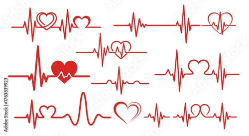 Set of cardiogram lines with heart symbols. EKG pulse monitor signals illustrating love, life, and health on a white background