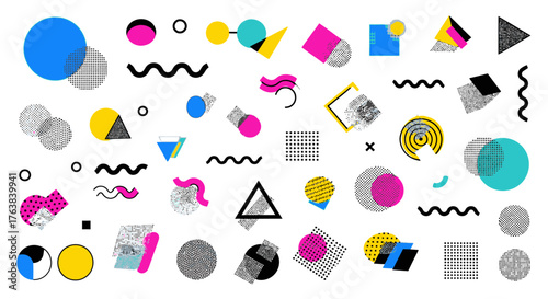 Mega set of colorful abstract geometric shapes and patterns in a retro 80s and 90s style. A collection of fun design elements for backgrounds