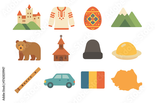 Romanian culture icons: castle, traditional clothing, folk art, nature, cuisine, and more