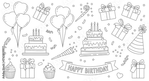 Celebratory Birthday Illustration with Cakes, Presents, and Balloons