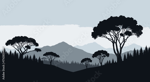 Monochrome Savanna Landscape Illustration with Stylized Acacia Trees and Rolling Mountains, Evoking Tranquility and Untamed Wilderness Scenery at Twilight