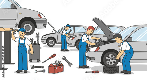 Mechanics repairing cars in a garage, using various tools in a professional automotive service
