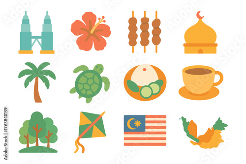 Malaysia icons: culture, nature, and cuisine in vibrant flat design