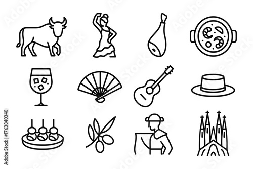 Icon set showcasing spanish culture with flamenco, cuisine, and architecture