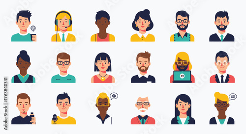 Collection of modern flat design avatar icons showcasing a diverse group of professional and casual individuals from various backgrounds, perfect for user profiles and team directories