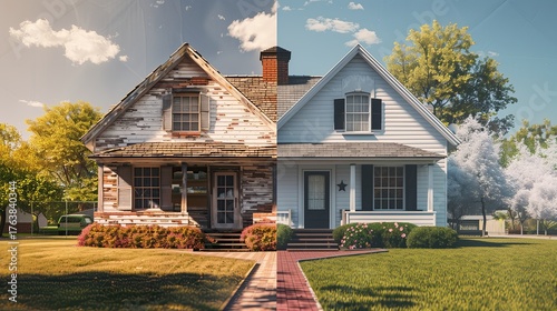 Split photo showing suburban house renovation before and after exterior transformation from weathered wood to modern home