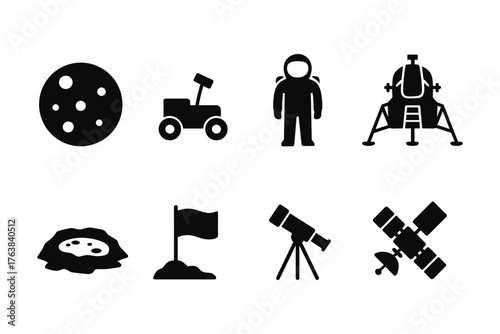 Space exploration icons: astronaut, rover, moon, and telescope silhouettes