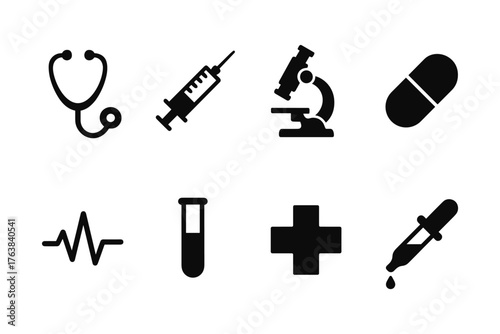 Medical icons set: stethoscope, syringe, microscope, pill, heartbeat, test tube, cross, dropper
