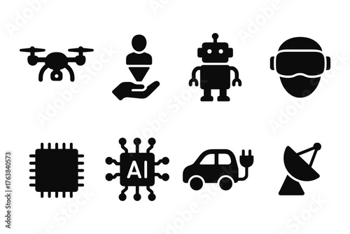 Modern technology icons: ai, robotics, drones, and more in bold silhouette style