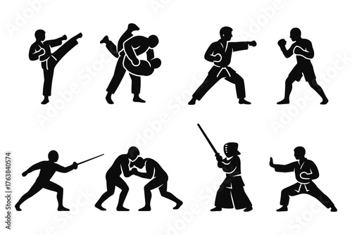 Diverse martial arts silhouettes: karate, kendo, fencing, and wrestling