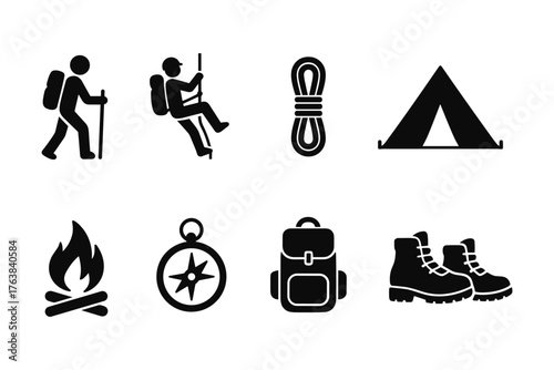 Outdoor adventure icons featuring hiking, climbing, camping, and navigation in silhouette style
