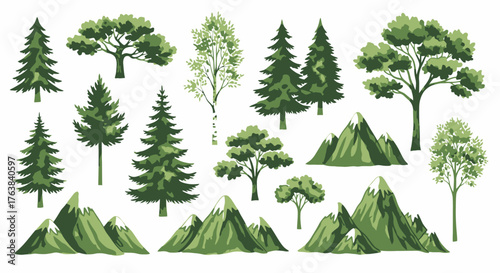 Vector illustration of diverse trees and mountains for nature-themed design elements